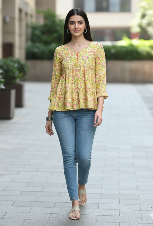 Yellow Pure Cotton Jaipuri Printed Short Top
