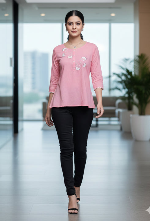 Light Pink Pure Cotton Patch Work Embroidered Short Top