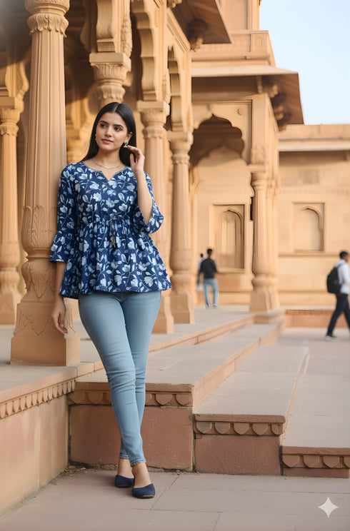 Blue Pure Cotton Jaipuri Printed Short Top