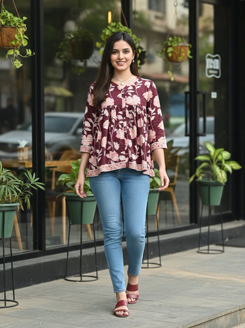 Wine Pure Cotton Jaipuri Printed Short Top