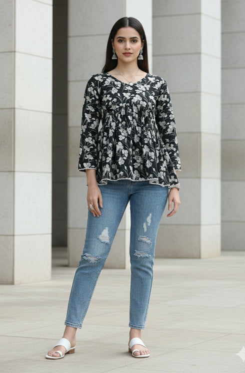 Black Pure Cotton Jaipuri Printed Short Top