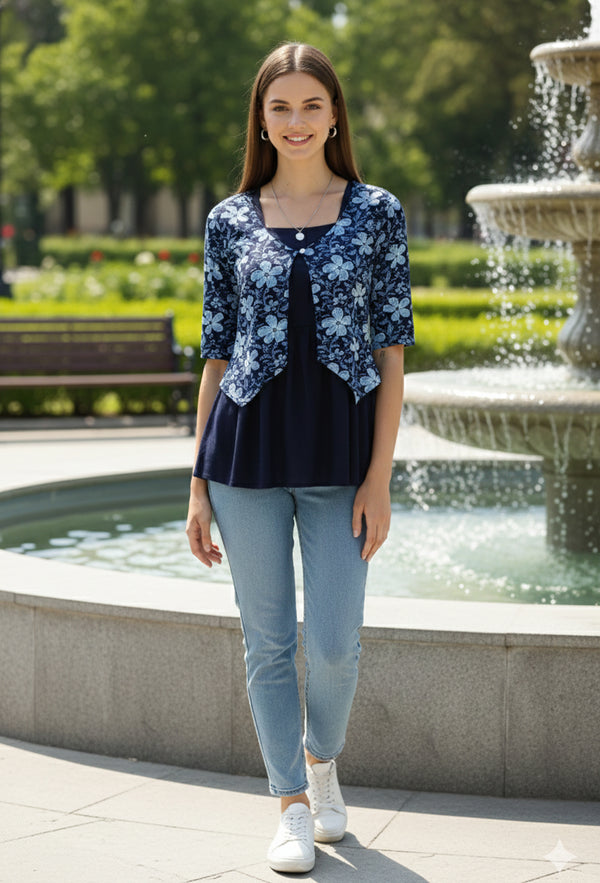Navy Blue Pure Cotton Jaipuri Printed Short Top