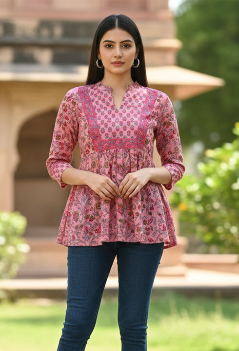 Light Pink  Pure Cotton Floral Printed Short Top