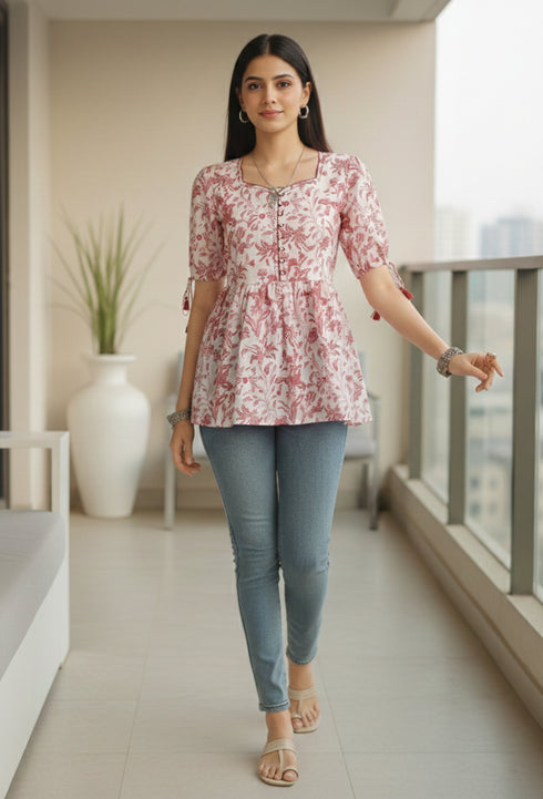 White & Dusty Pink Pure Cotton Jaipuri Printed Short Top