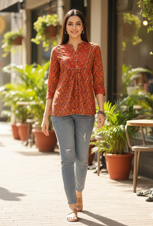Orange Pure Cotton Floral Printed Short Top