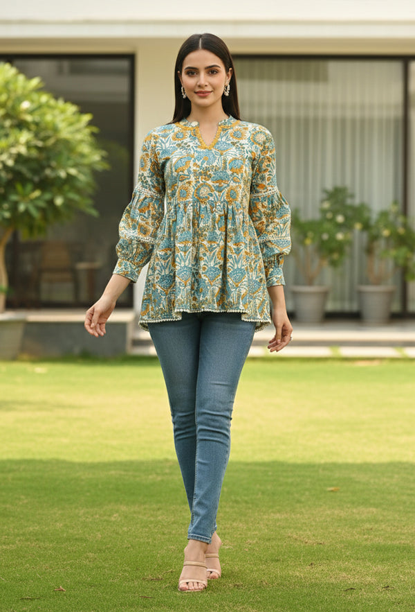 White & Sky Blue Pure Cotton Floral Printed Short Top