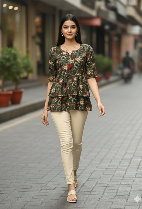 Green Pure Cotton Floral Printed Short Top