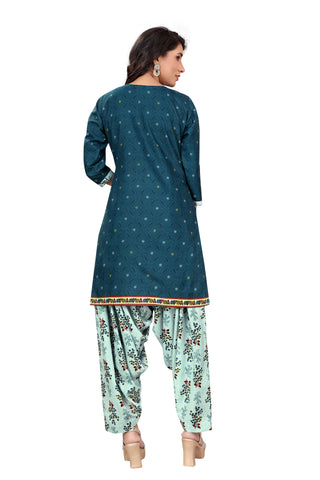 Teal Blue Cotton Blend Printed Ready to Wear Patiala Salwar Suit