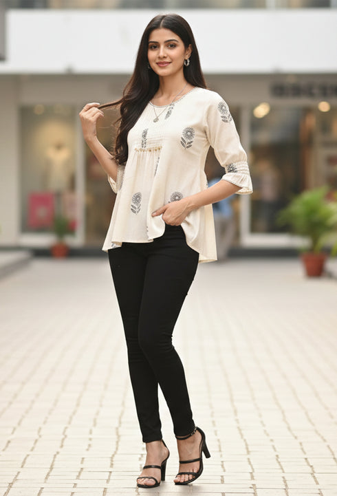 Off White Pure cotton Jaipuri Printed Short Top