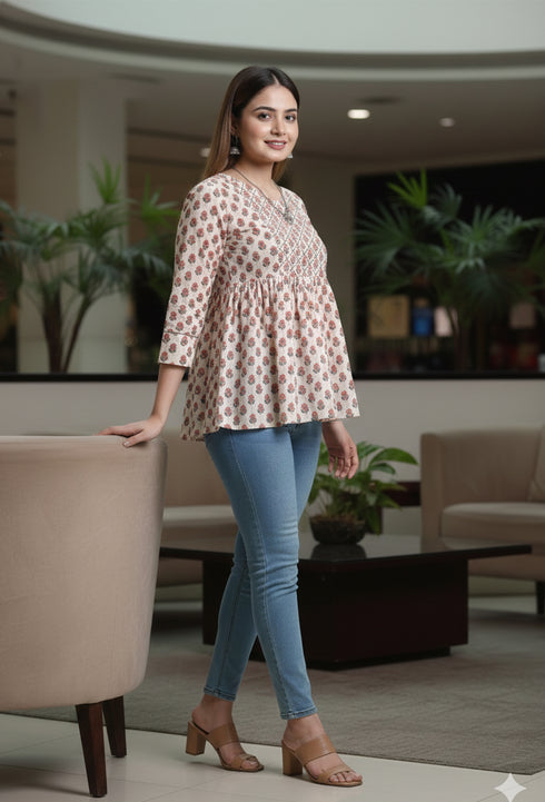 Beige Pure cotton Jaipuri Printed Short Top