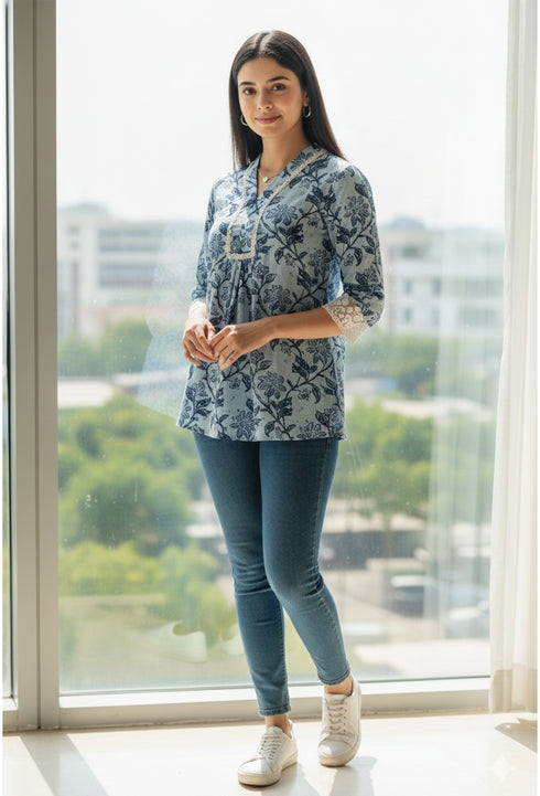 Women Sky Blue Pure Cotton Jaipuri Printed Short Top
