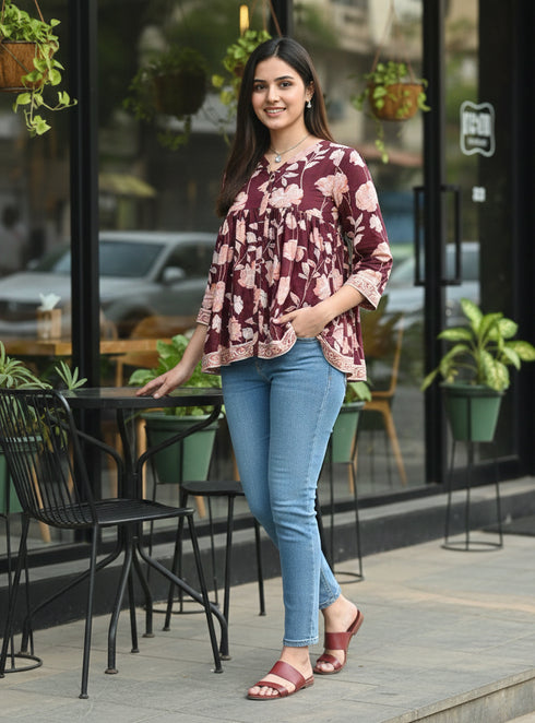 Wine Pure Cotton Jaipuri Printed Short Top