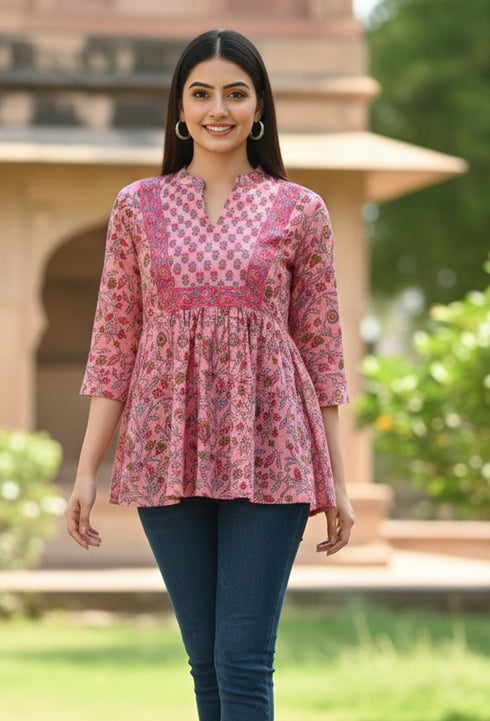 Light Pink  Pure Cotton Floral Printed Short Top