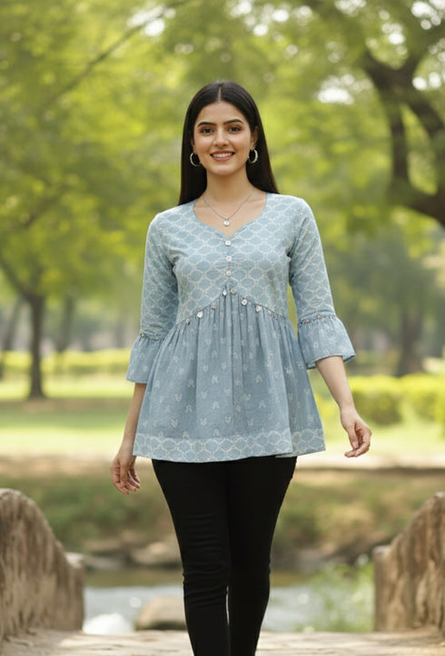 Sky Blue Pure Cotton Hand Painted Short Top