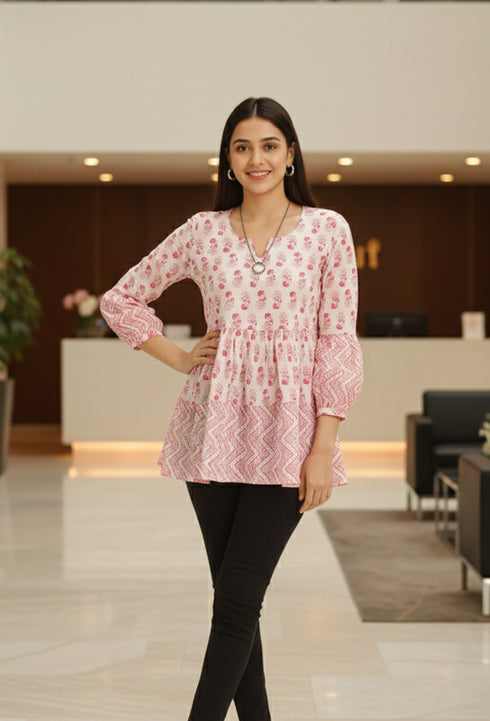 White & Pink Pure Cotton Floral Printed Short Top