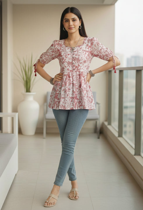 White & Dusty Pink Pure Cotton Jaipuri Printed Short Top