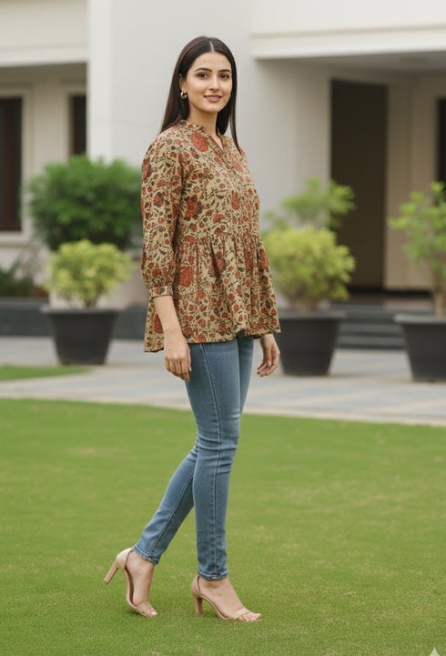 Beige Pure Cotton Floral Printed Short Top