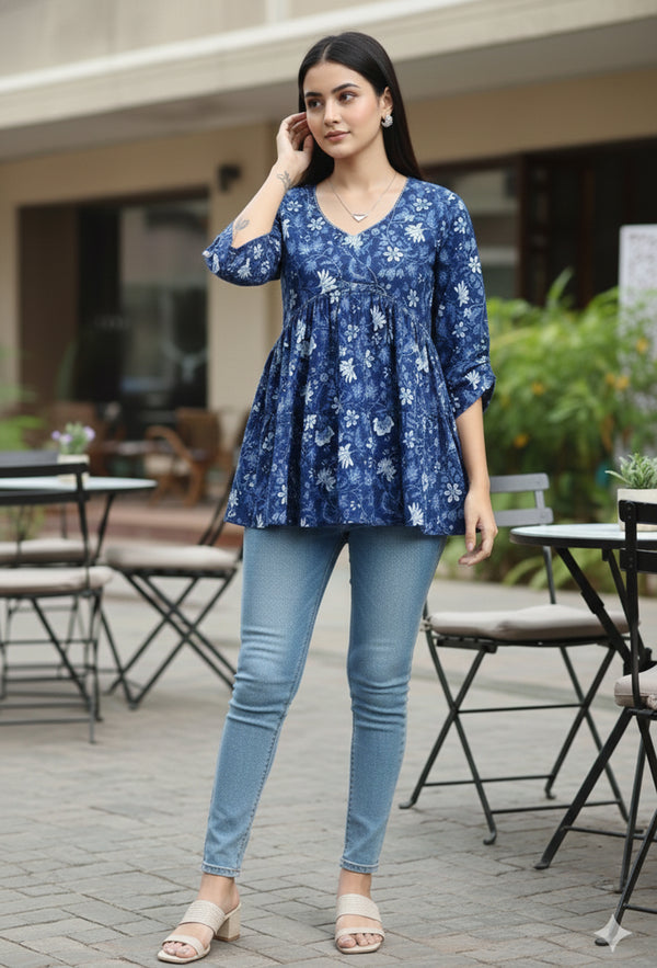 Blue Pure Cotton Floral Printed Short Top