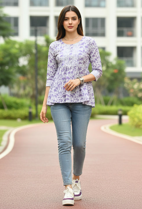 Lavender  Pure Cotton Foil Printed Short Top