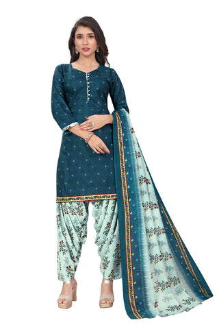 Teal Blue Cotton Blend Printed Ready to Wear Patiala Salwar Suit