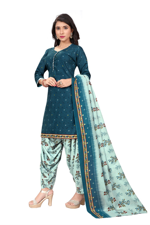 Teal Blue Cotton Blend Printed Ready to Wear Patiala Salwar Suit