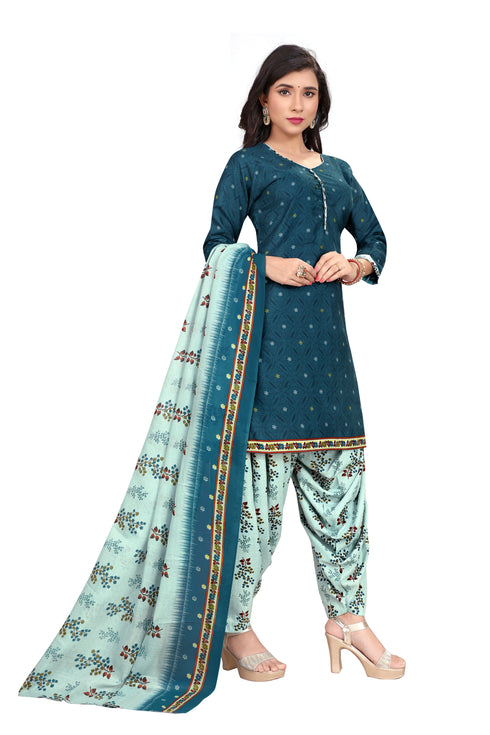 Teal Blue Cotton Blend Printed Ready to Wear Patiala Salwar Suit