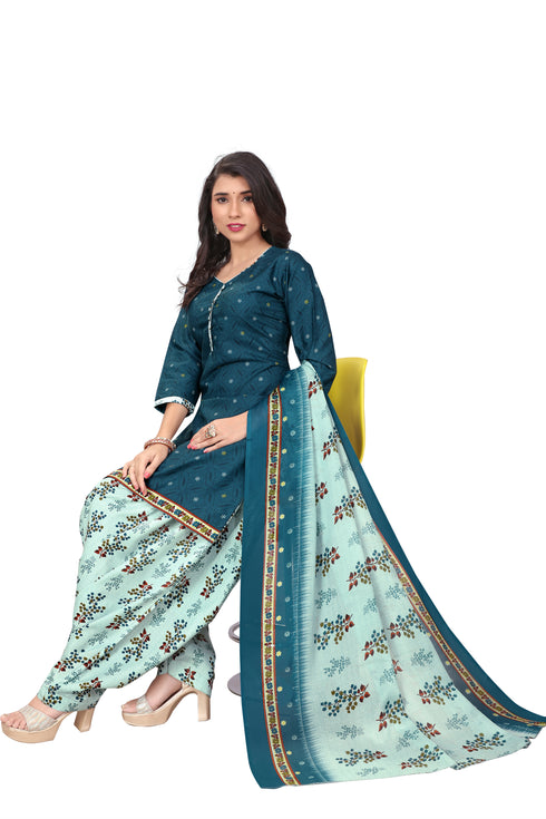 Teal Blue Cotton Blend Printed Ready to Wear Patiala Salwar Suit