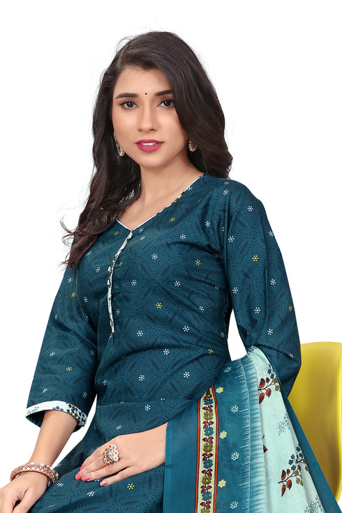 Teal Blue Cotton Blend Printed Ready to Wear Patiala Salwar Suit