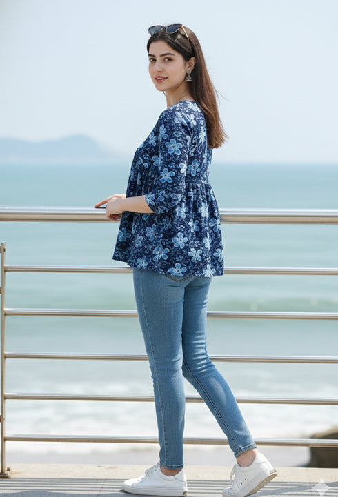 Navy Blue Pure Cotton Floral Printed Short Top