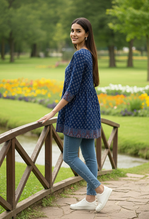 Blue Pure Cotton Jaipuri Printed Short Top