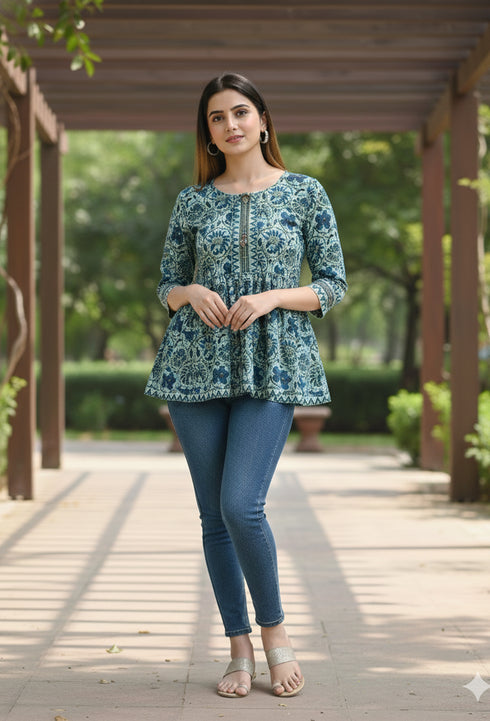 Sea Green Pure Cotton Floral Printed Short Top