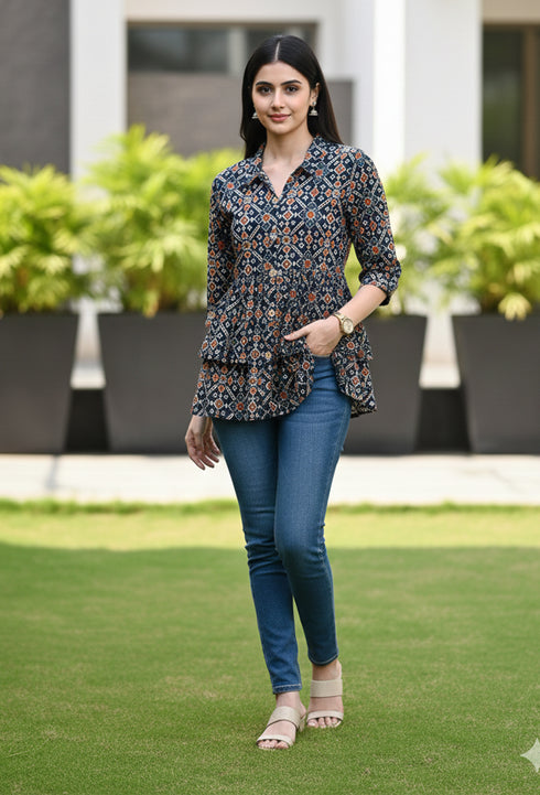 Navy Blue Women's Cotton Jaipuri Printed Short Top