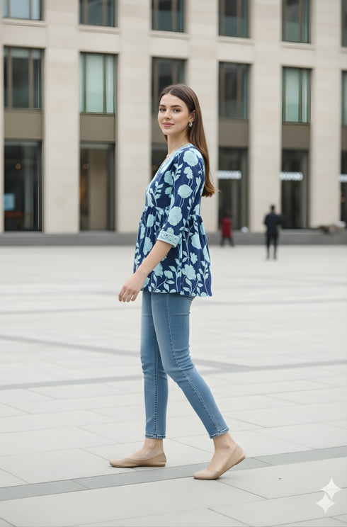 Blue Pure Cotton Jaipuri Printed Short Top
