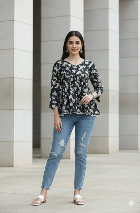 Black Pure Cotton Jaipuri Printed Short Top