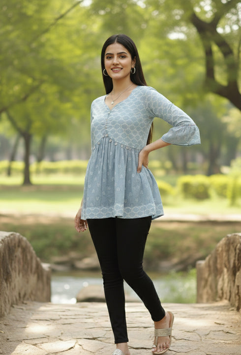 Sky Blue Pure Cotton Hand Painted Short Top