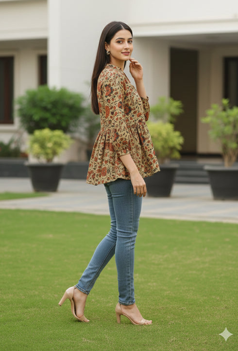 Beige Pure Cotton Floral Printed Short Top