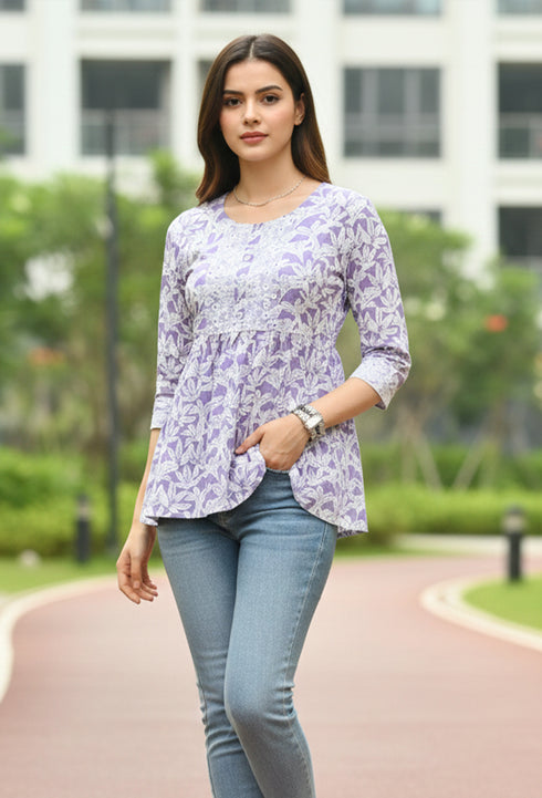Lavender  Pure Cotton Foil Printed Short Top