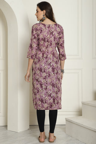 Wine Cotton Blend Floral Printed Kurti