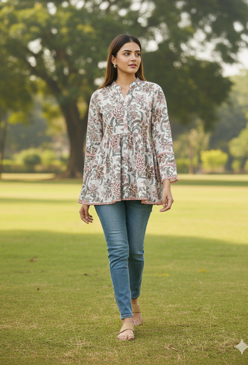 White Pure Cotton Floral Printed Short Top