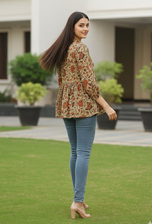 Beige Pure Cotton Floral Printed Short Top