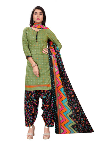 Olive Green Cotton Blend Printed Ready to Wear Patiala Salwar Suit