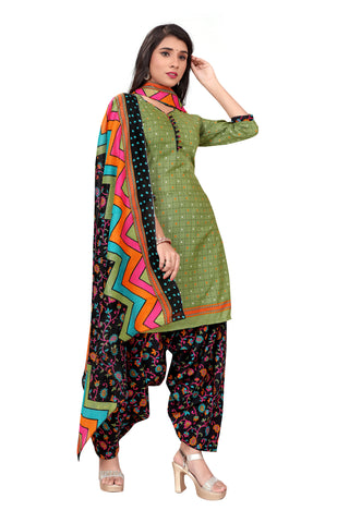 Olive Green Cotton Blend Printed Ready to Wear Patiala Salwar Suit