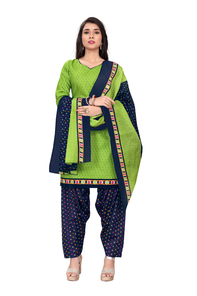 Parrot Green Cotton Blend Printed Ready to Wear Patiala Salwar Suit