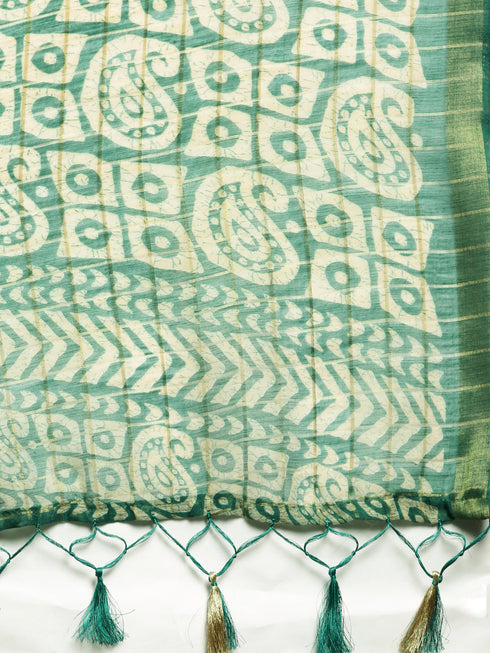Green Cotton Silk  Printed Traditional  Saree With Blouse Piece