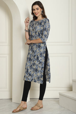 Grey Cotton Blend Floral Printed Kurti