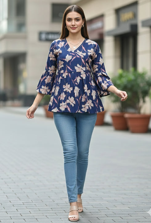 Blue Pure Cotton Floral Printed Short Top
