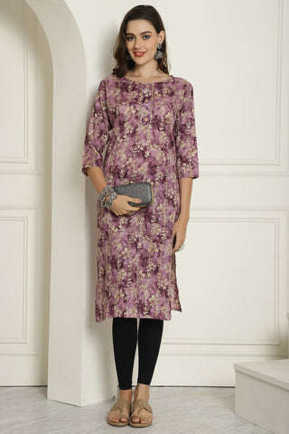 Wine Cotton Blend Floral Printed Kurti