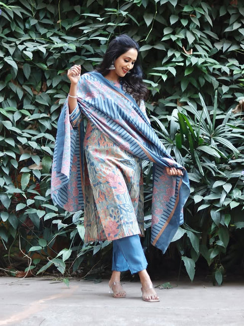 Multicolor Women Cotton Blend Floral Printed Kurta & Pant With Dupatta
