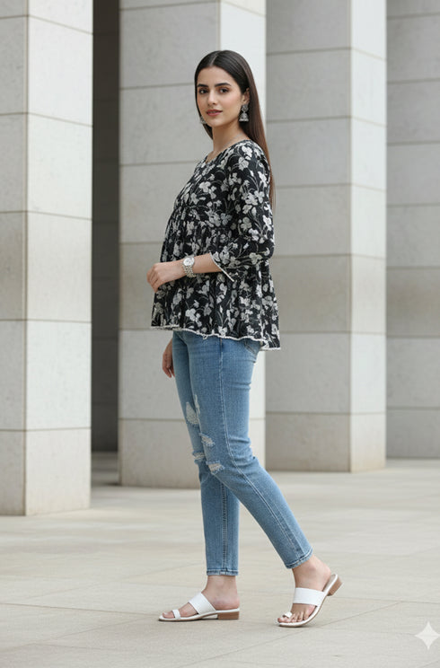 Black Pure Cotton Jaipuri Printed Short Top