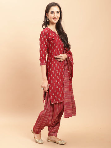 Maroon Cotton Printed Ready to Wear Patiala Salwar Suit